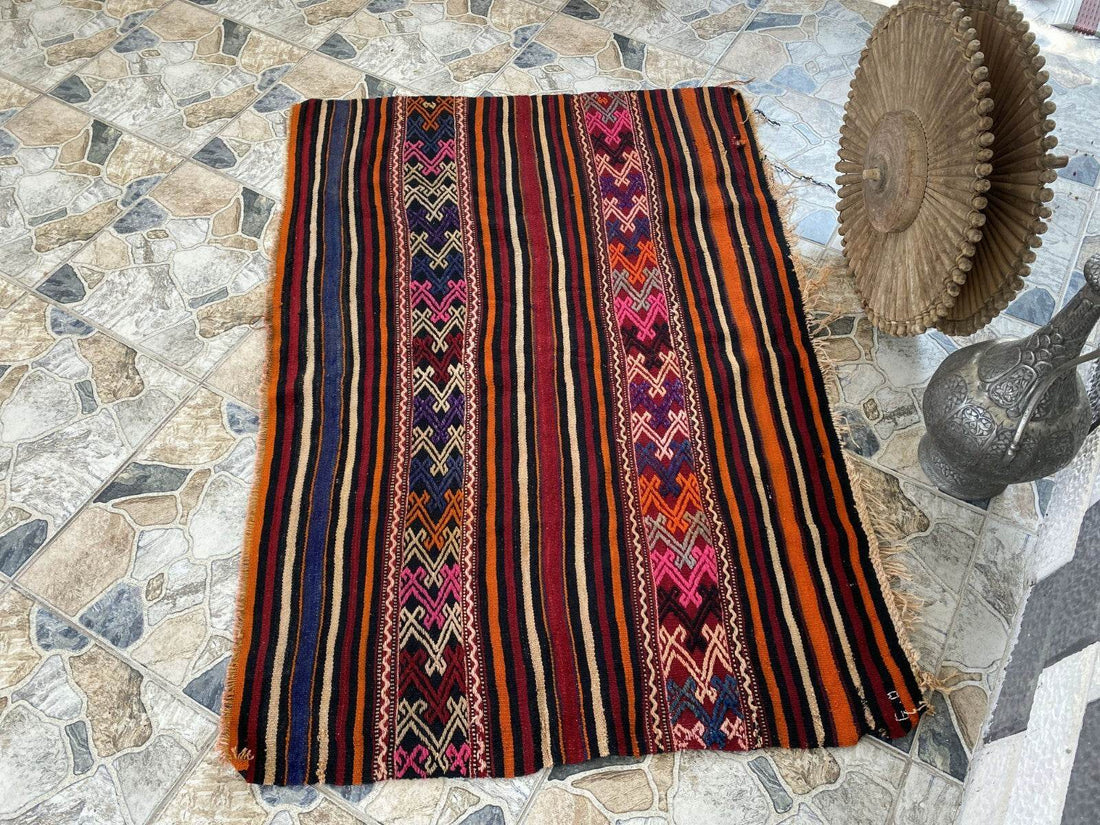 Vintage Turkish Wool Rug, Hand-Knotted Antique Geometric Oushak Area Kilim 3x5