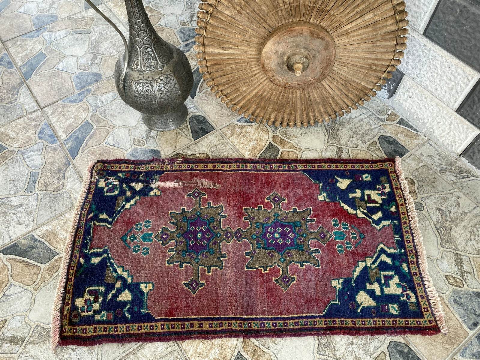 Vintage Turkish Oushak Rug, 1x3 ft Terracotta Handmade Wool Antique Tribal Small