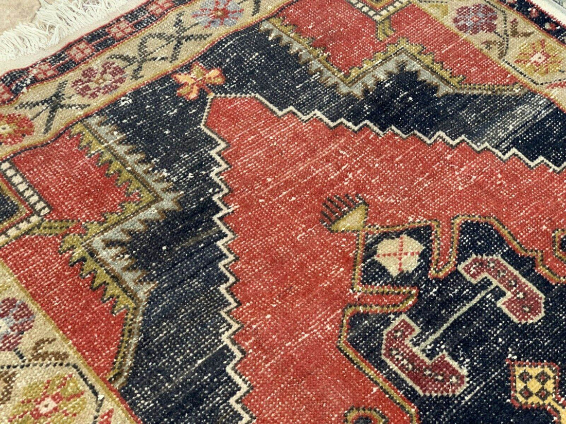 Vintage Oushak Geometric Rug, Handmade Turkish Anatolian Wool Carpet 4.2x8.6
