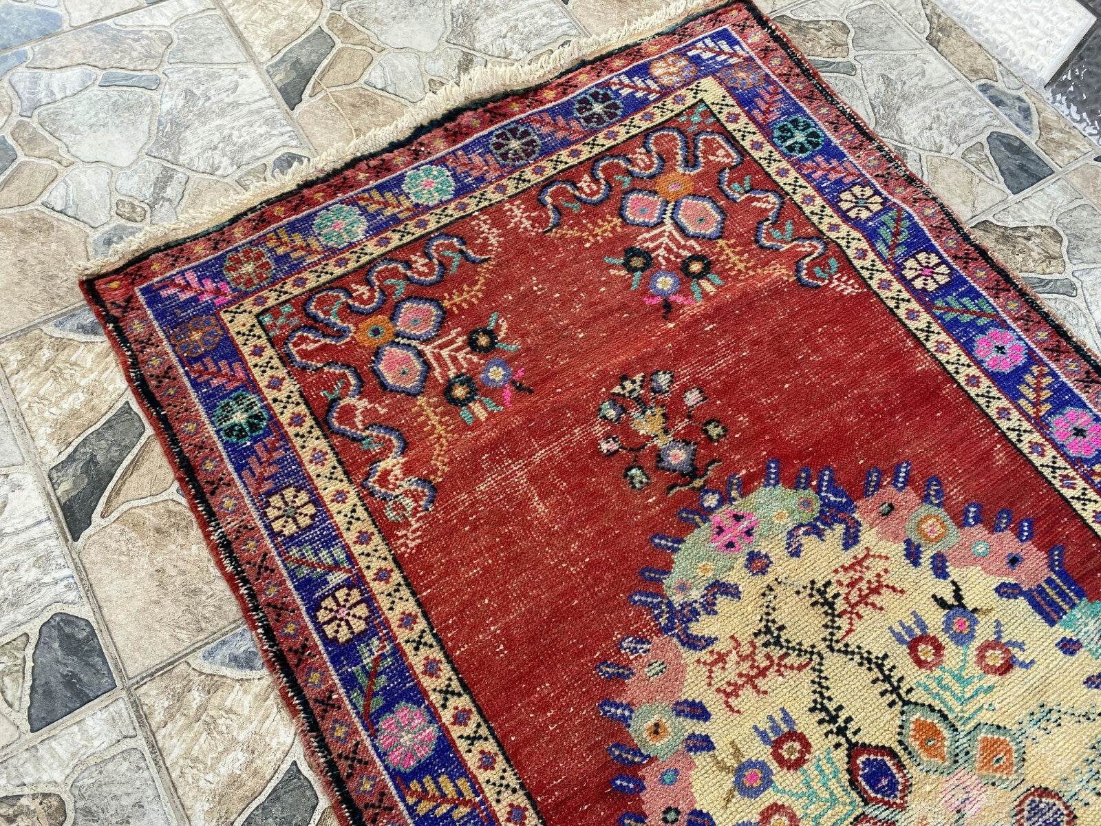 Geometric Turkish Vintage Rug, Tribal Handmade Anatolian Village Rug 3.3x6.8 ft