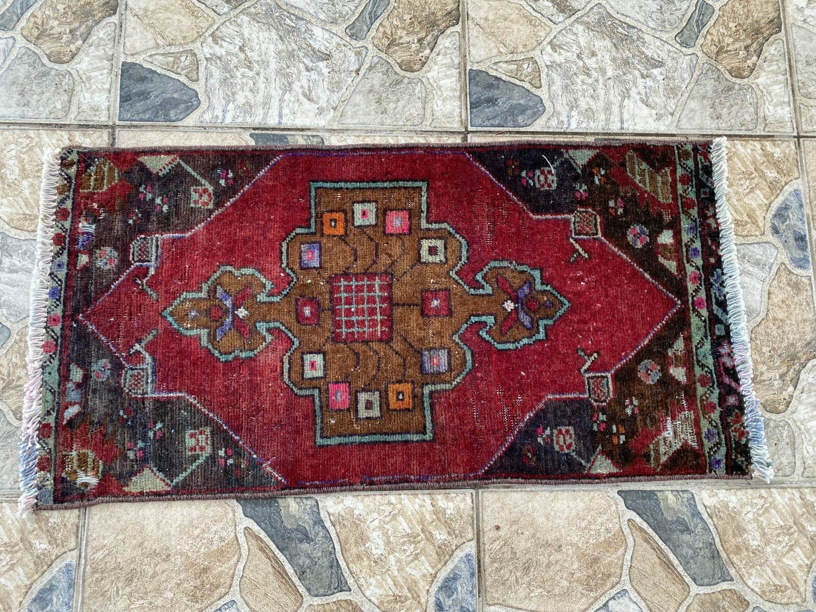Handmade Turkish Vintage Rug | 1970s Tribal Wool Farmhouse Antique Small Carpet