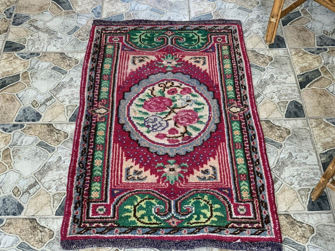 Small Turkish Vintage Oushak Rug Handmade Farmhouse Geometric Wool Rug 2.5x4.1ft