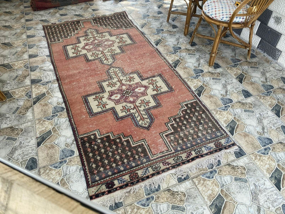 Geometric Turkish Vintage Rug,Farmhouse Vintage Anatolian Village Rug 3.6x7.8 ft