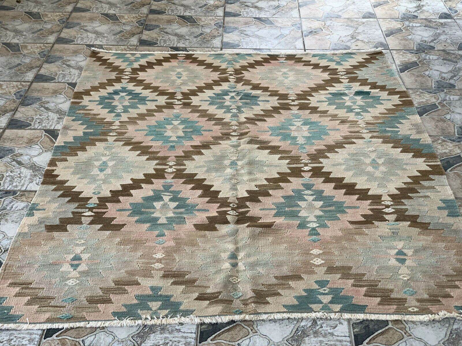 Anatolian Kilim Vintage Geometric Turkish Tribal Oushak Wool Area Rug 5.1x6.2 ft