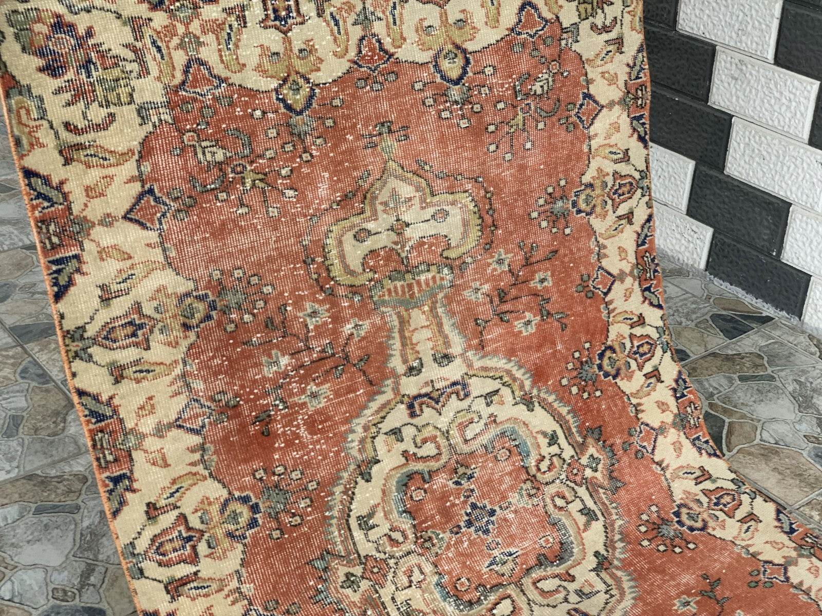 Vintage Rug, Turkish Oushak Wool Handmade Farmhouse Geometric Area Rug 3.6x6.8ft