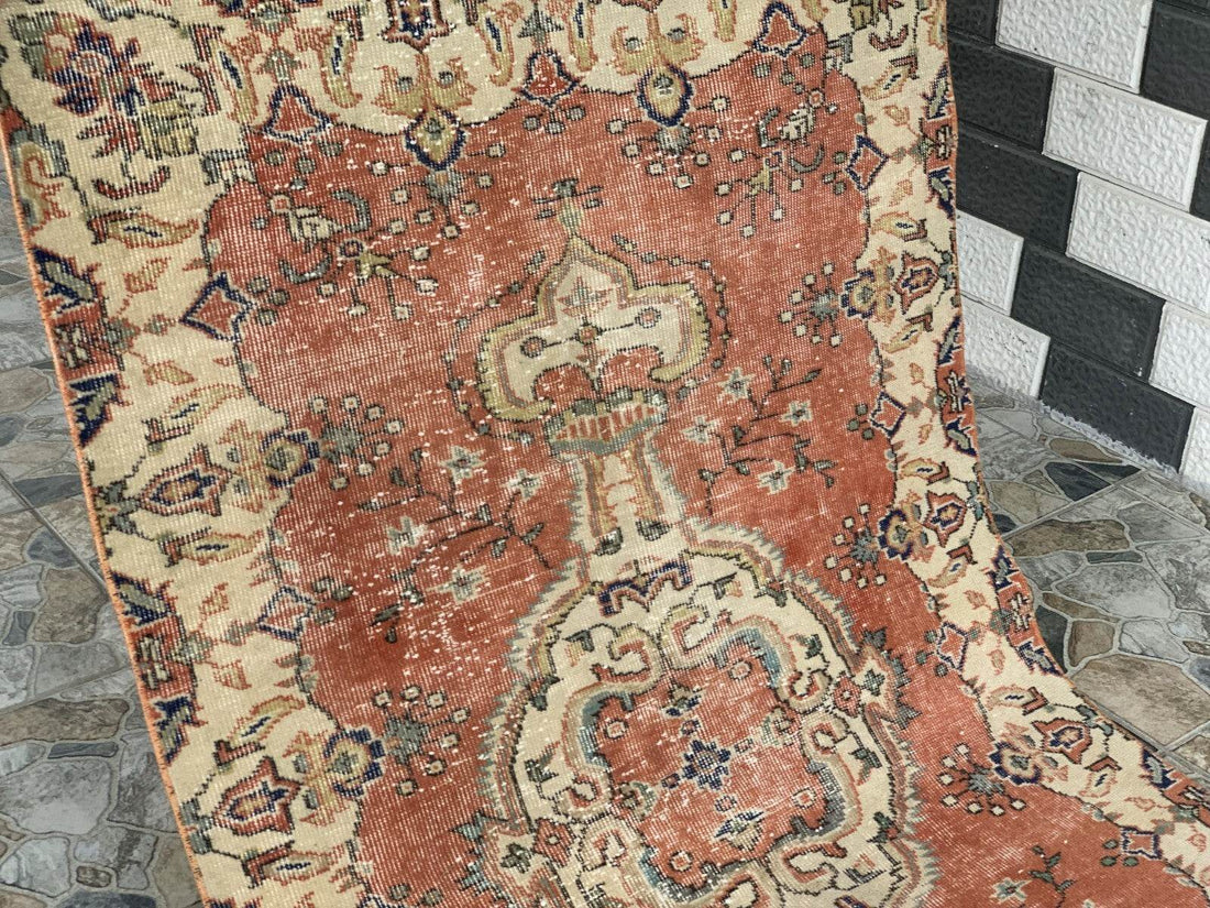 Vintage Rug, Turkish Oushak Wool Handmade Farmhouse Geometric Area Rug 3.6x6.8ft