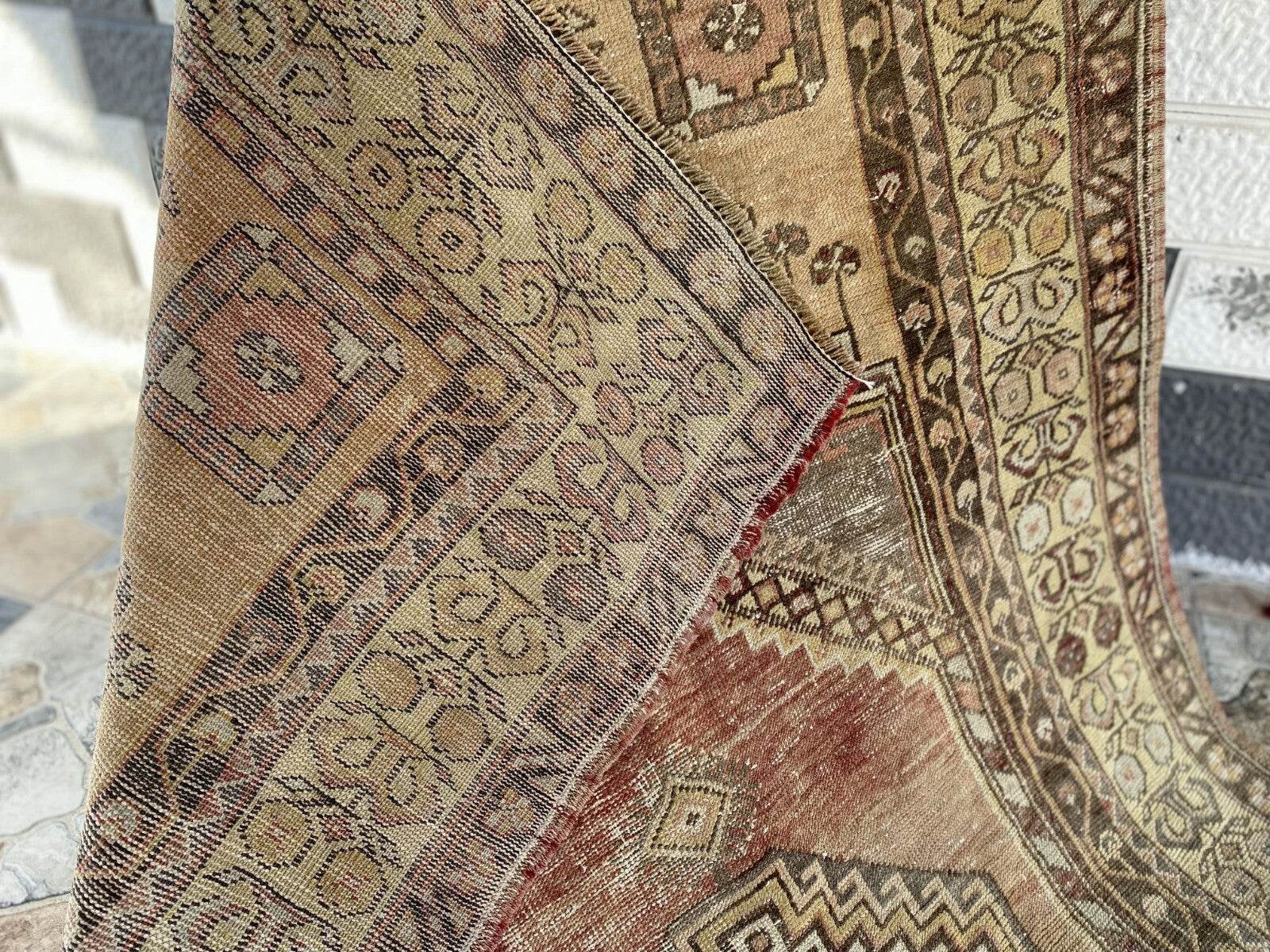 Vintage Turkish Oushak Rug, 4 x 7 ft Red Handmade Wool Antique Tribal Area Rug