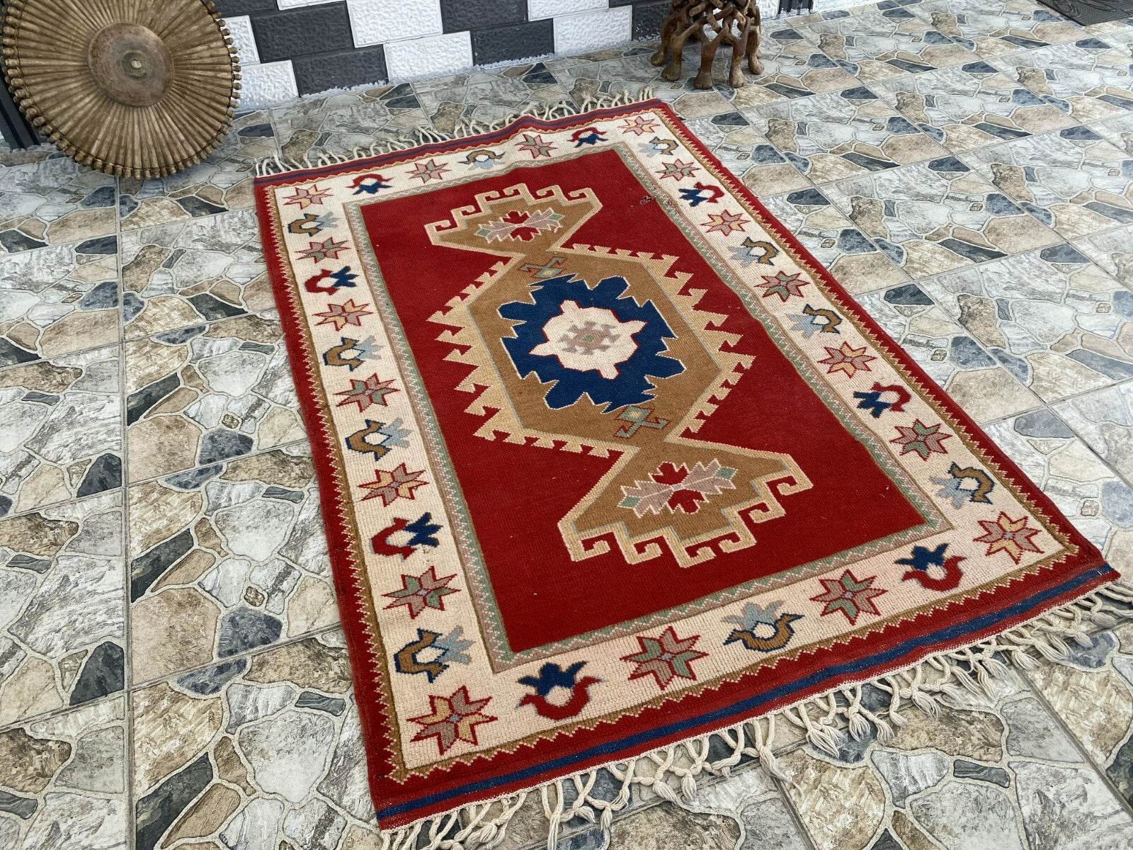 Geometric Turkish Vintage Rug,Farmhouse Handmade Anatolian Village Rug 4.2x6.2ft