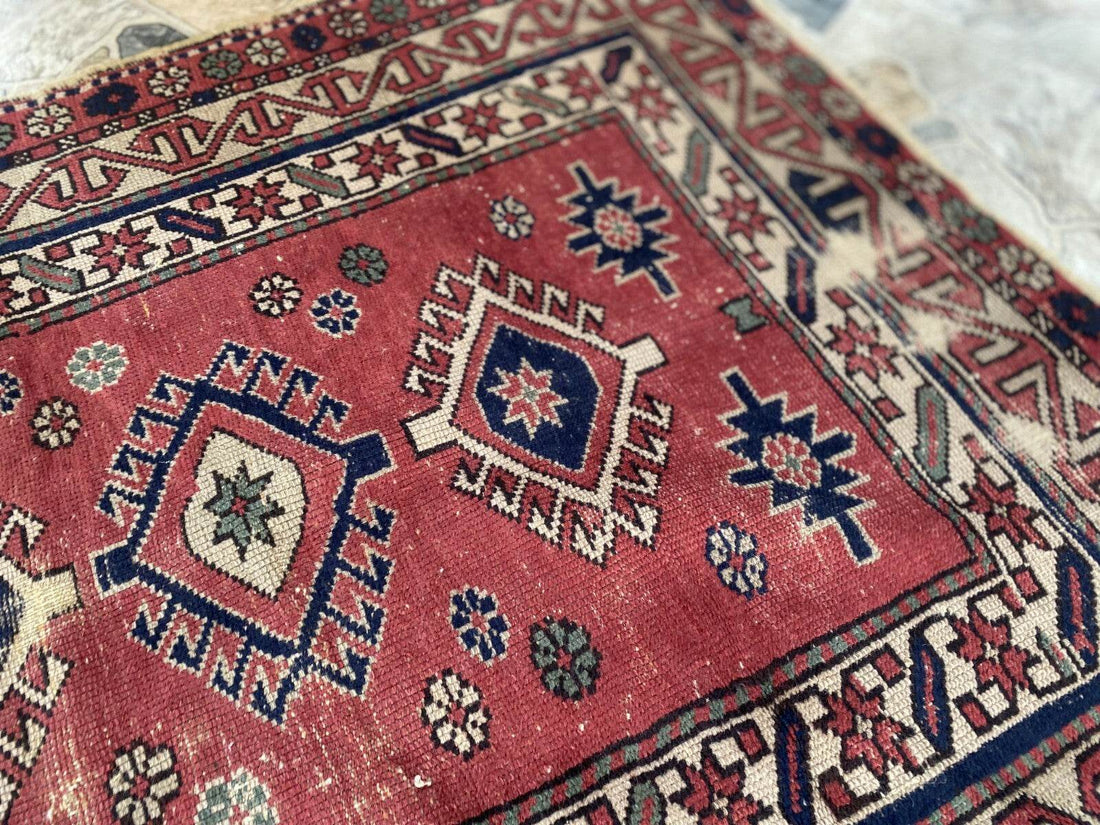 Vintage Caucasian Rug | 3.5x5 ft | Tribal Handmade Wool Rustic Farmhouse Carpet