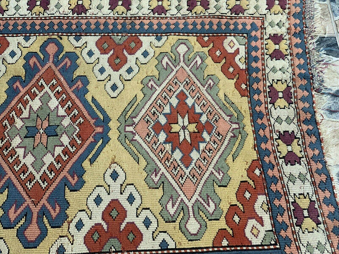 Vintage Handmade Turkish Wool Rug Anatolian Farmhouse Geometric Oushak 4.1x5.4ft