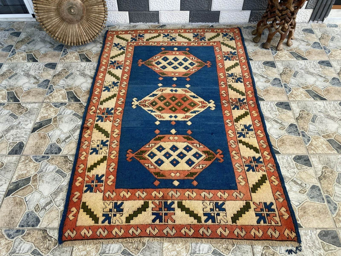 Vintage Turkish Kurdish Wool Rug | Hand-Knotted Tribal Blue Area Carpet 4x6ft