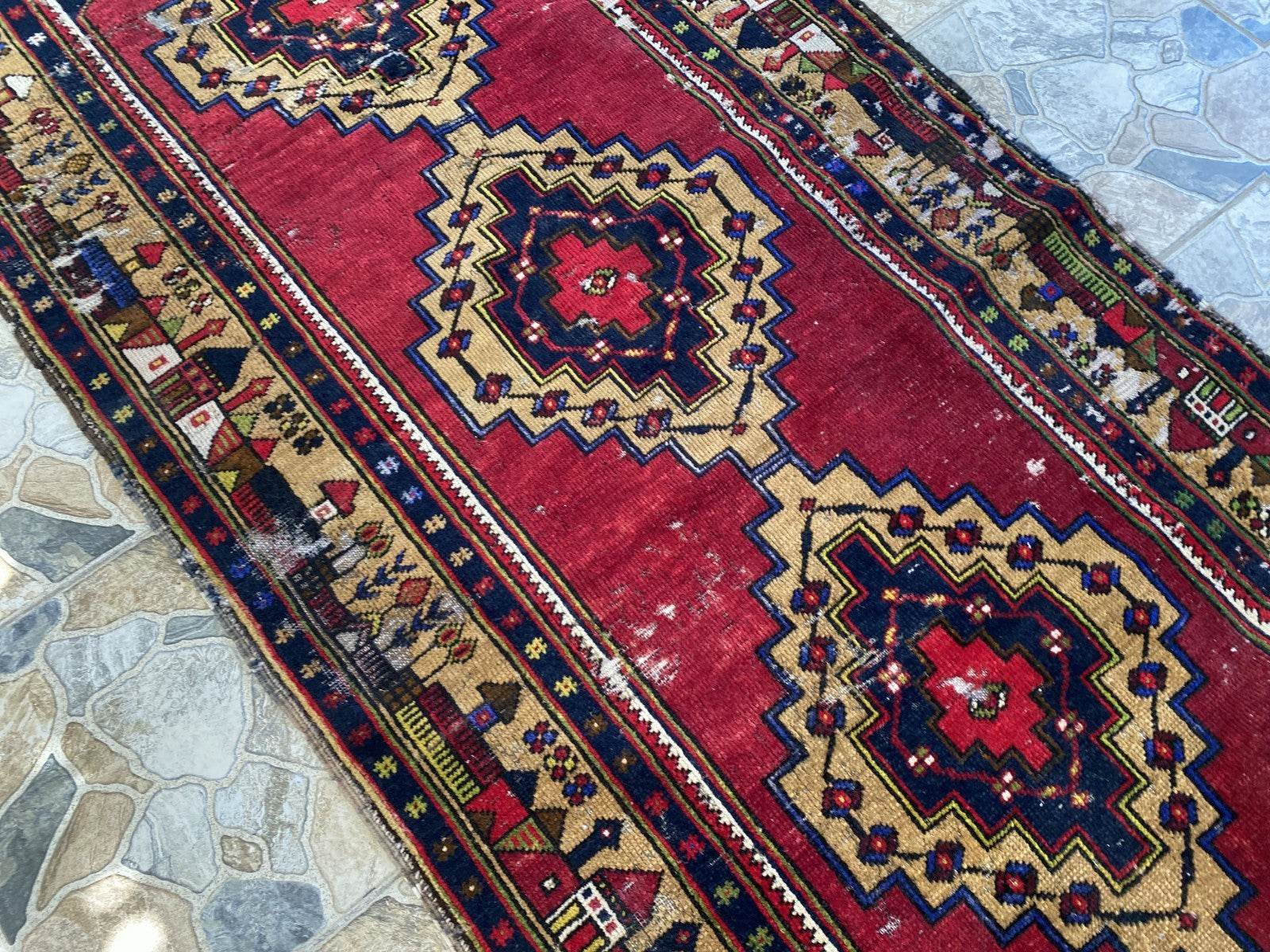 Vintage Turkish Tribal Rug | 3 x 9 ft Farmhouse Hand-Knotted Wool Geometric Rug
