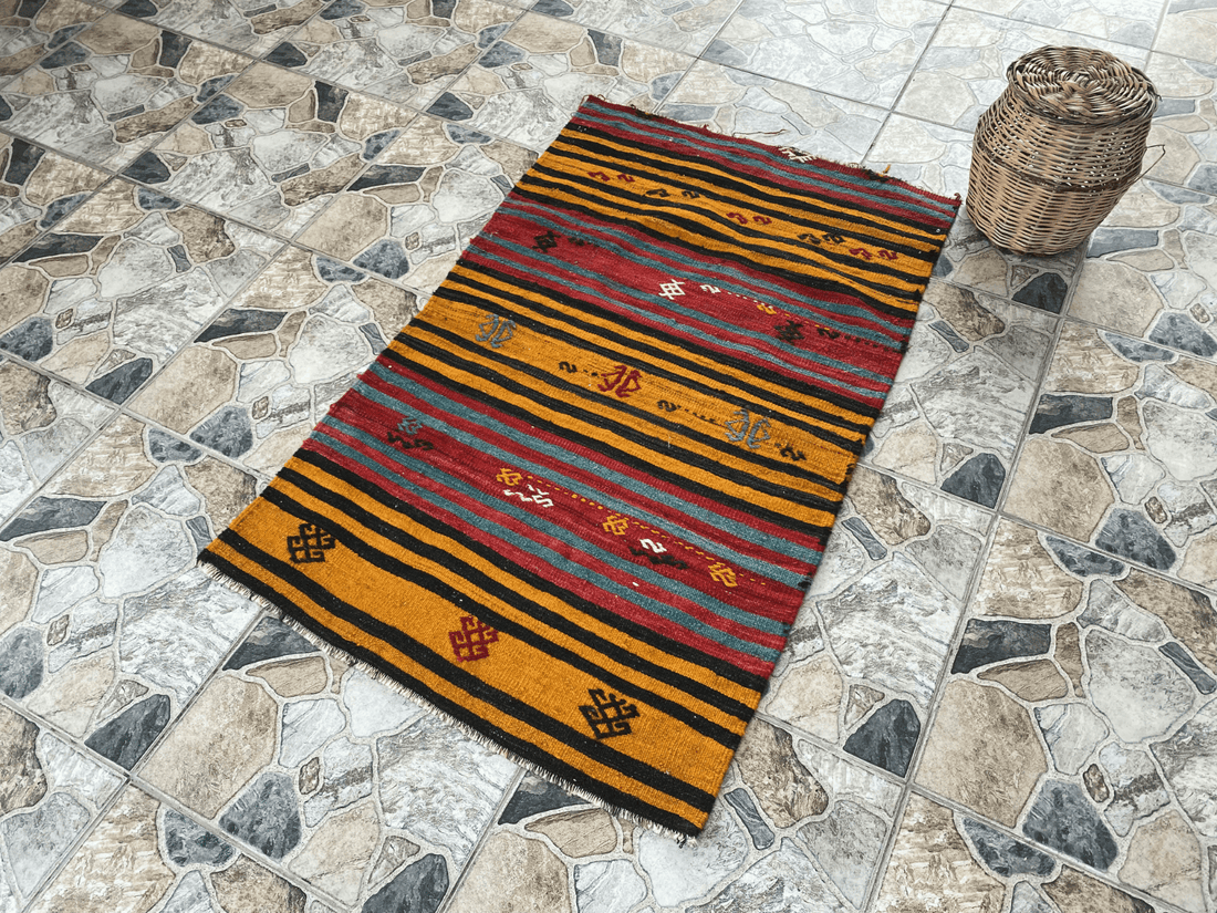 Vintage Turkish Kilim Rug | Handmade Tribal Wool Rug | Small 2x4 ft | Farmhouse