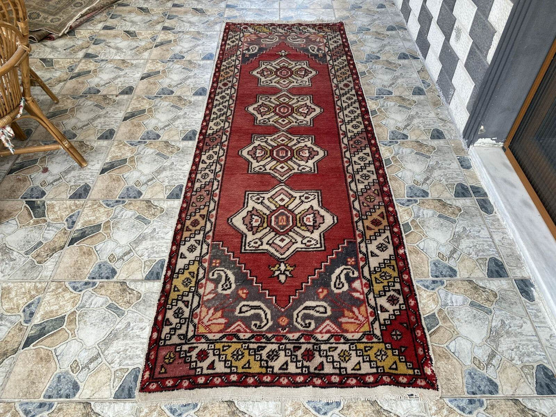 Vintage Turkish Rug | Tribal Handmade Wool Farmhouse Antique Runner 3.2ftx9.2 ft