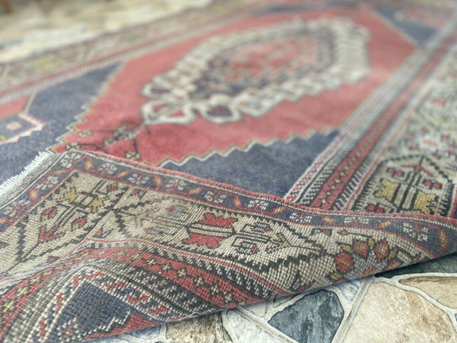 Vintage Turkish Oushak Rug, 5.0x9.7 ft Red Handmade Wool Antique Tribal Area Rug