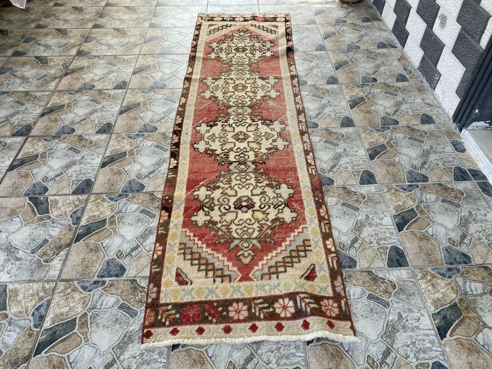 Vintage Rug | Antique Wool Farmhouse Anatolian Runner Handmade Turkish 2.4x8.9ft
