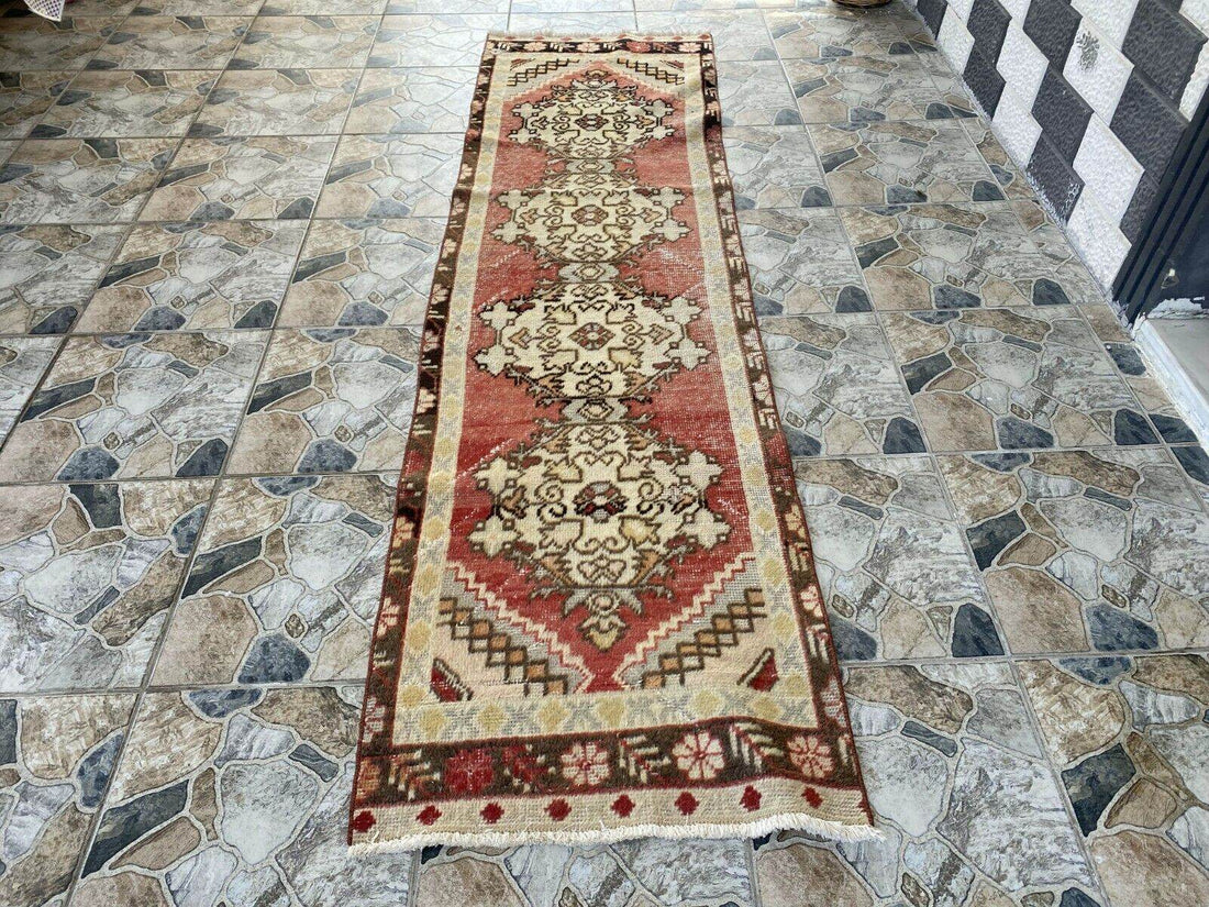 Vintage Rug | Antique Wool Farmhouse Anatolian Runner Handmade Turkish 2.4x8.9ft