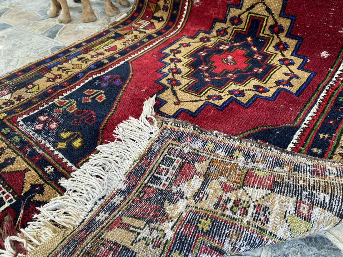 Vintage Turkish Tribal Rug | 3 x 9 ft Farmhouse Hand-Knotted Wool Geometric Rug