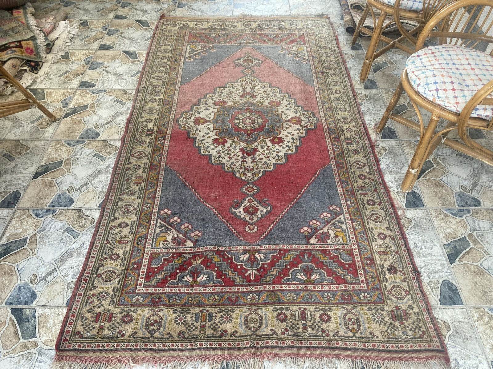 Vintage Turkish Rug | Tribal Hand-Knotted Wool Farmhouse Antique Carpet 4.16 x 7.93 ft