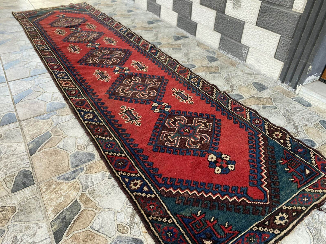 Geometric Turkish Vintage Rug,Farmhouse Handmade Anatolian Village Rug 2.6x9.8Ft