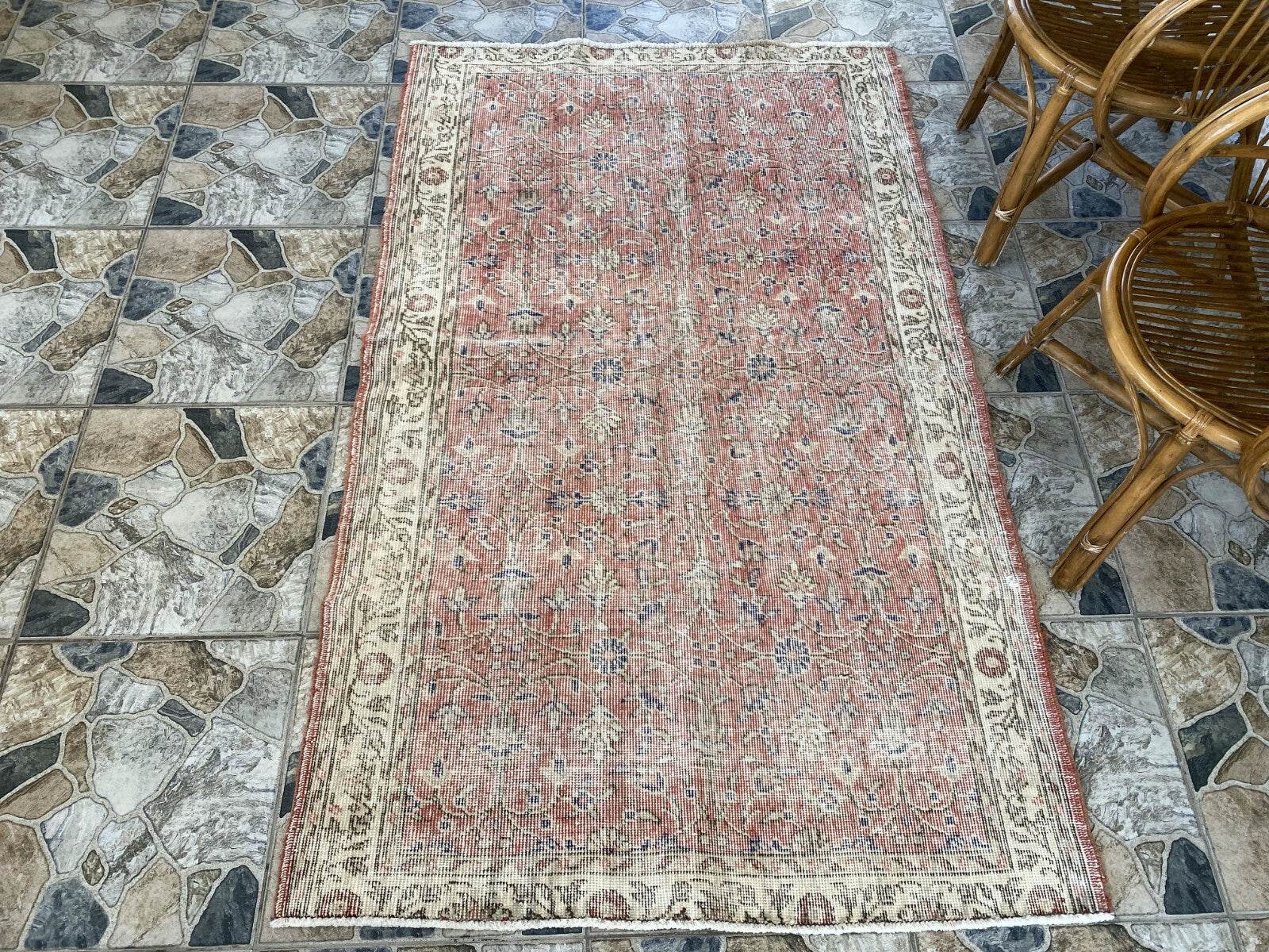 Geometric Turkish Vintage Rug,Farmhouse Handmade Anatolian Village Rug 3.8x6.2ft