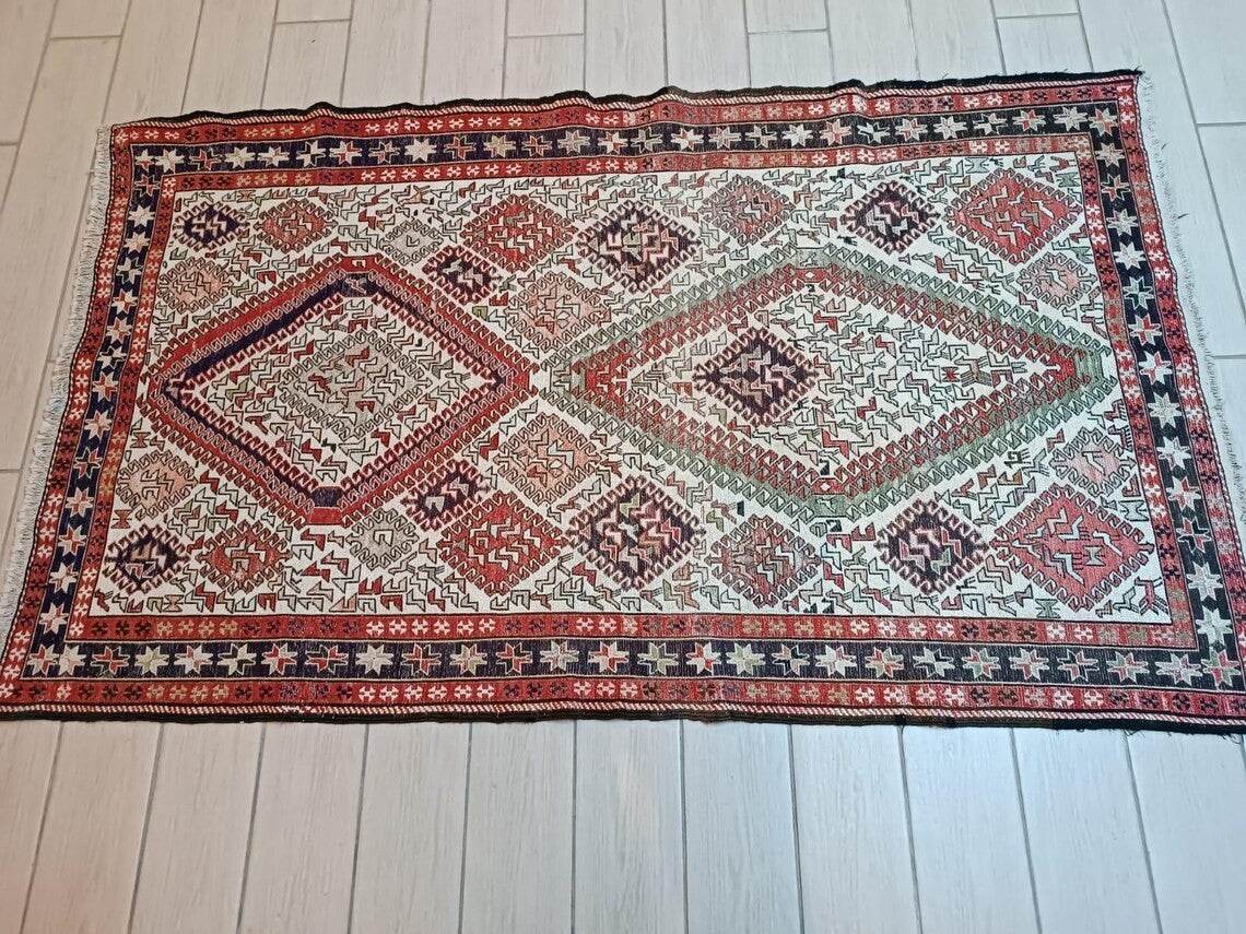 Vintage Persian Style Silk Soumak Rug, Hand-Woven Flatweave | Geometric Area Rug Deco