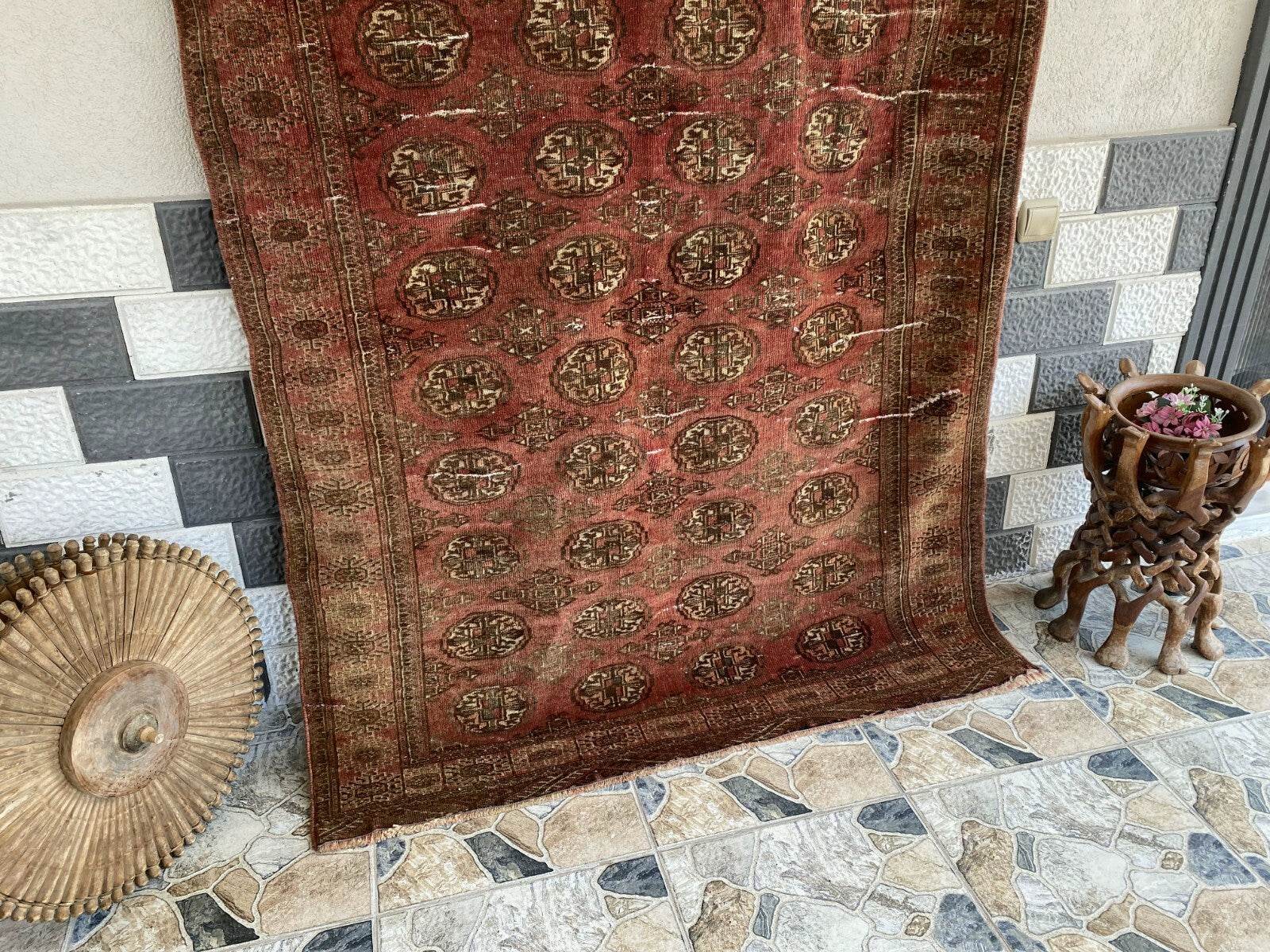 VINTAGE RUG HAND-KNOTTED Afghan Style BUKHARA handmade wool RED antique farmhouse rug