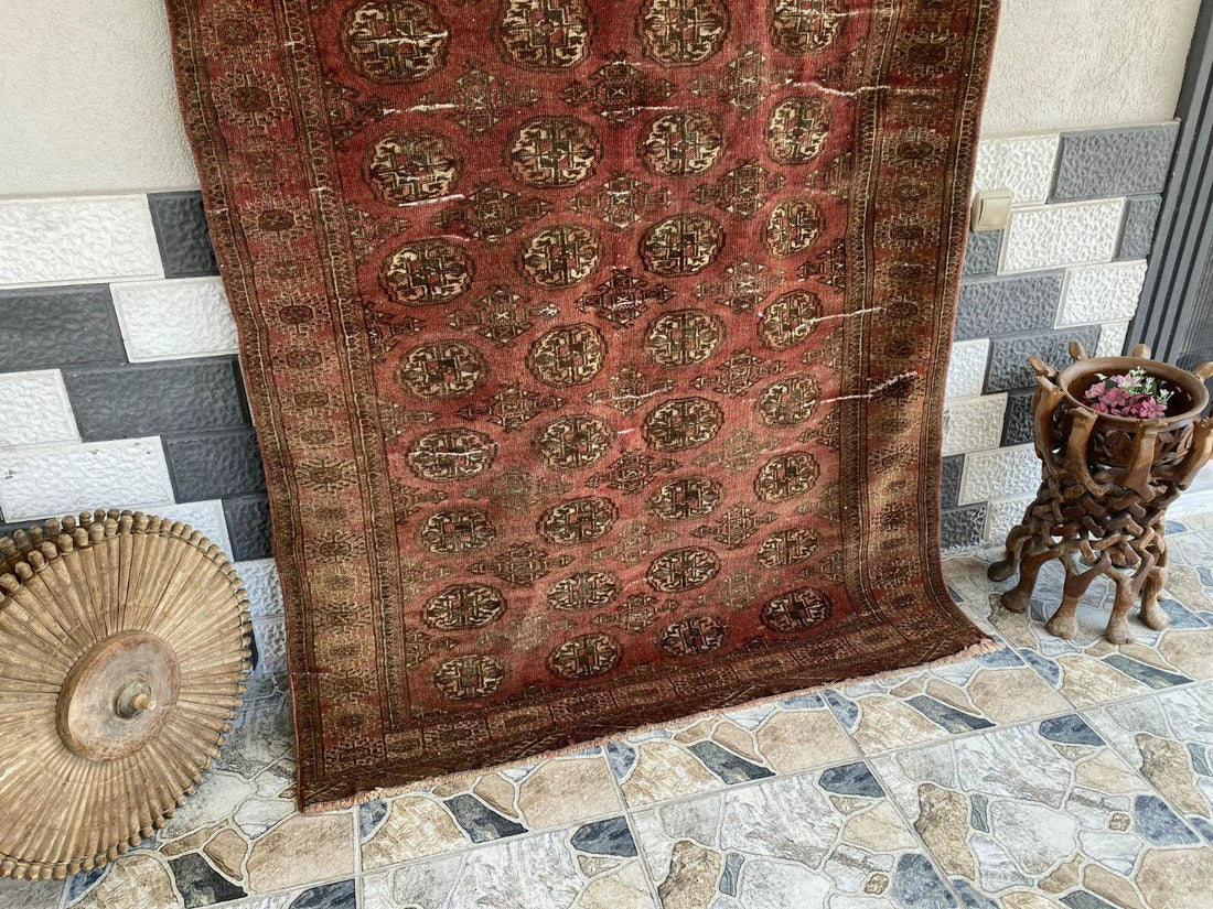 VINTAGE RUG HAND-KNOTTED Afghan Style BUKHARA handmade wool RED antique farmhouse rug