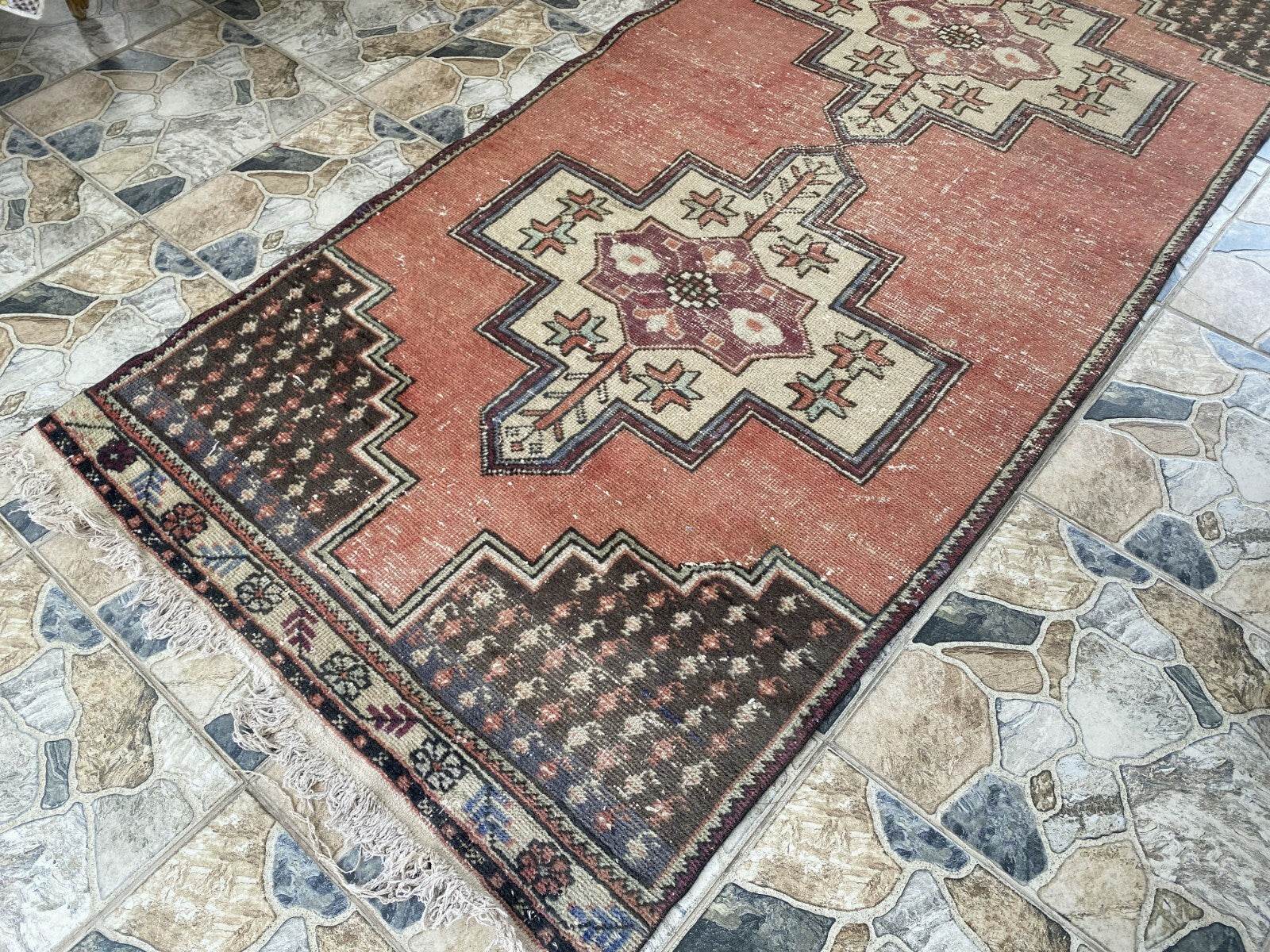 Geometric Turkish Vintage Rug,Farmhouse Vintage Anatolian Village Rug 3.6x7.8 ft