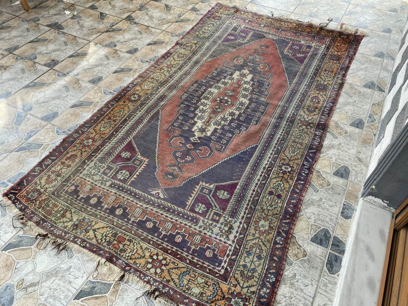 Vintage Turkish Wool Rug, Hand-Knotted Antique Geometric Oushak Area Rug 4x8 ft