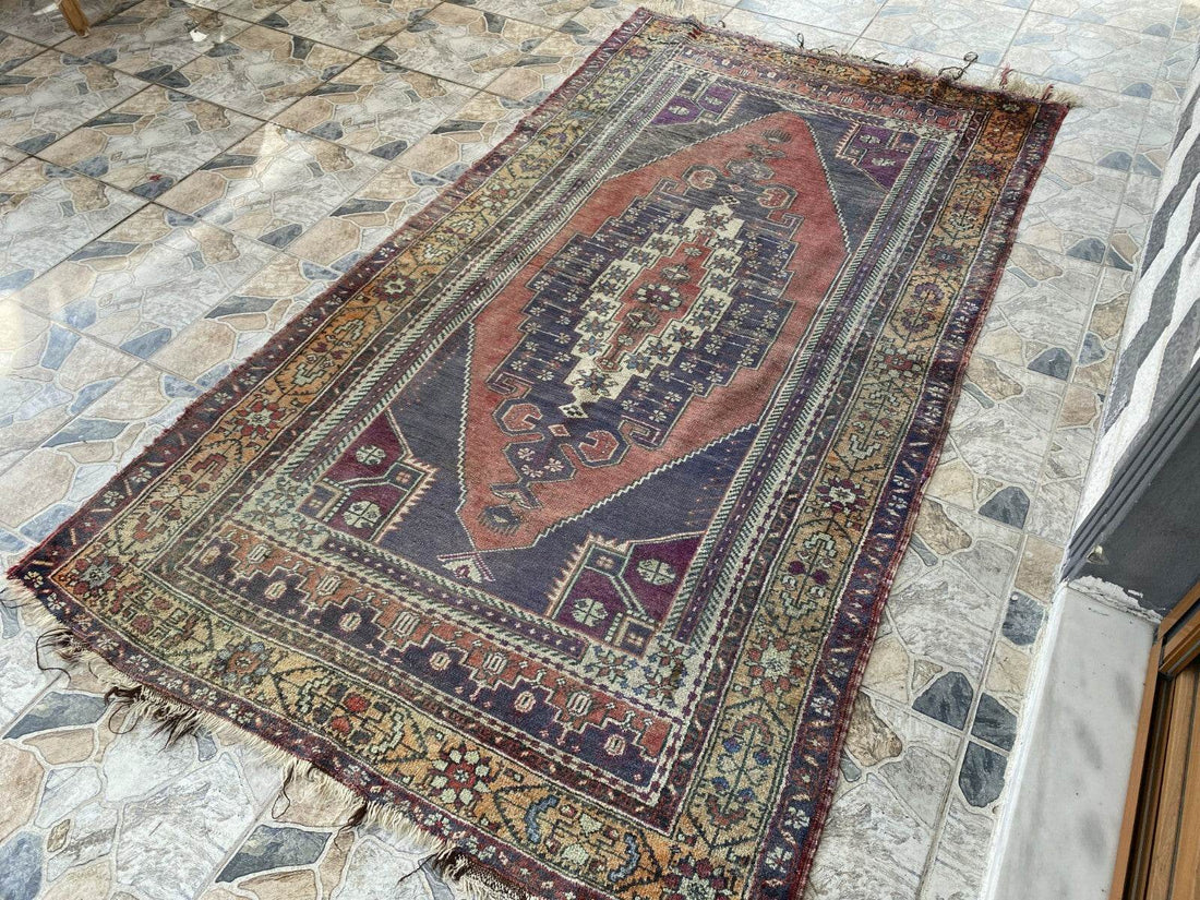 Vintage Turkish Wool Rug, Hand-Knotted Antique Geometric Oushak Area Rug 4x8 ft