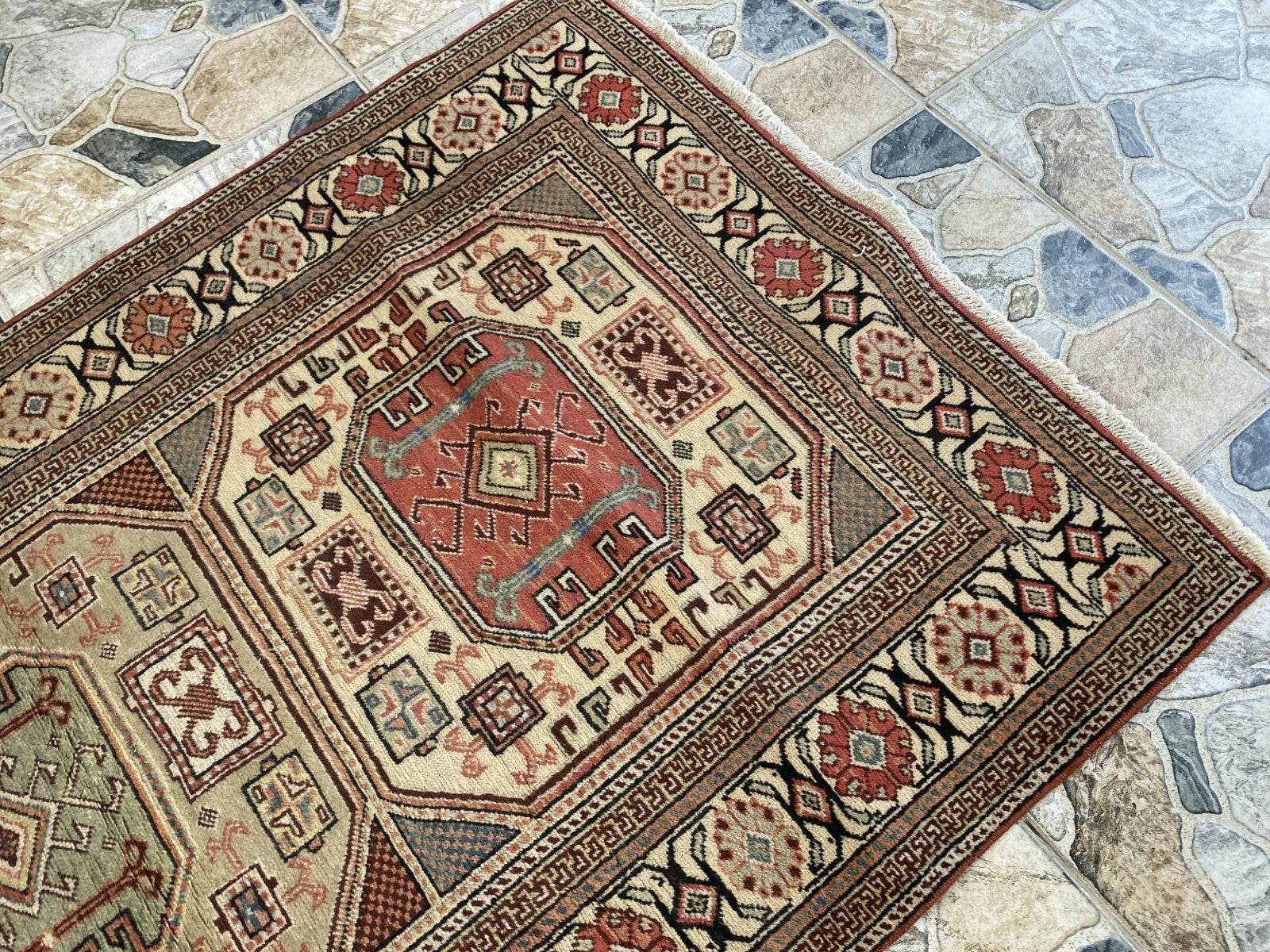 Vintage Turkish Wool Rug Hand-Knotted Antique Geometric Kayseri Tribal Area 3x6