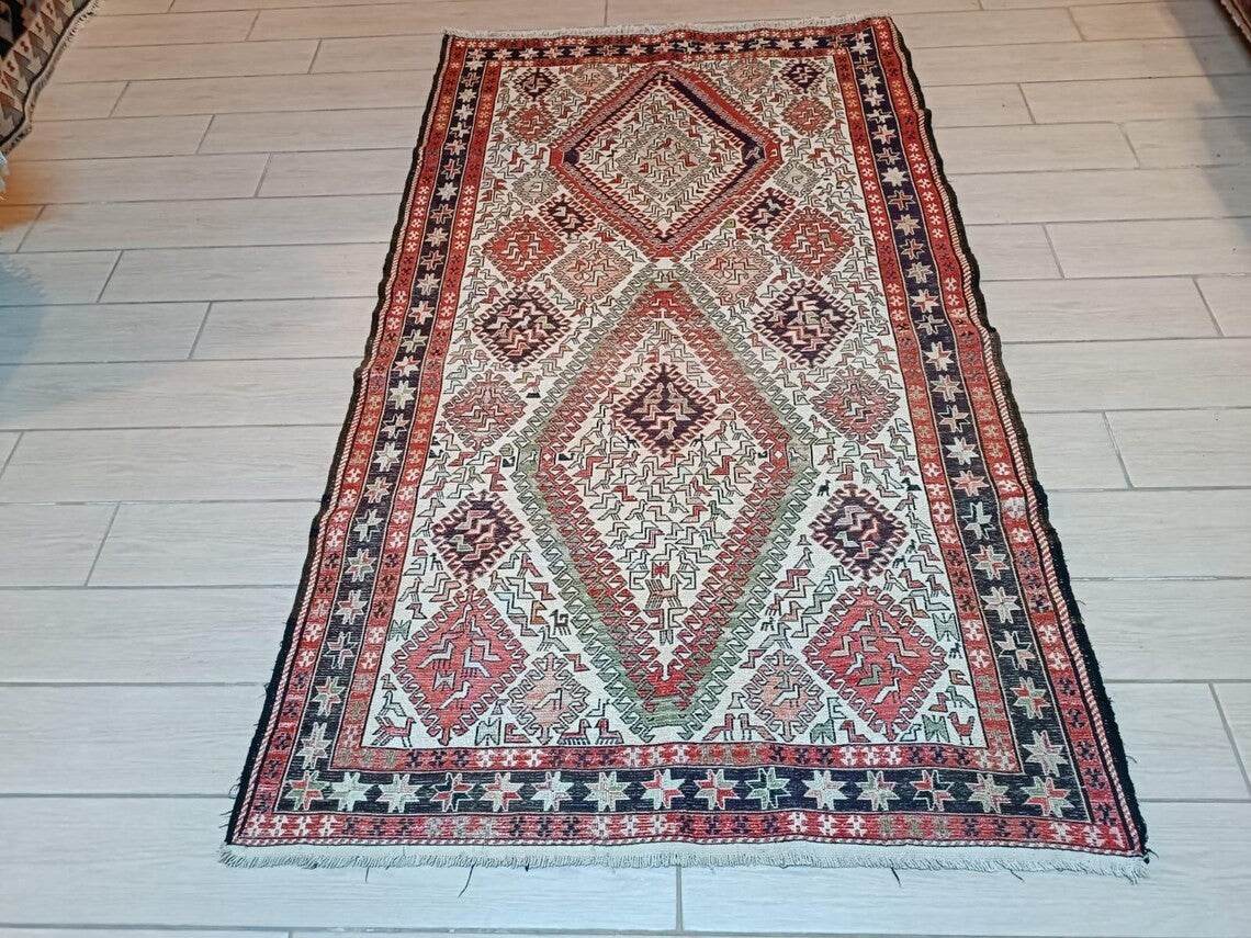 Vintage Persian Style Silk Soumak Rug, Hand-Woven Flatweave | Geometric Area Rug Deco