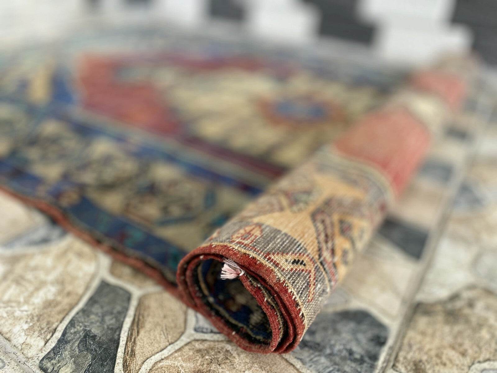 Pre 1950's Vintage Turkish Rug | Antique Tribal Handmade Wool Carpet 3.9x7.1 ft