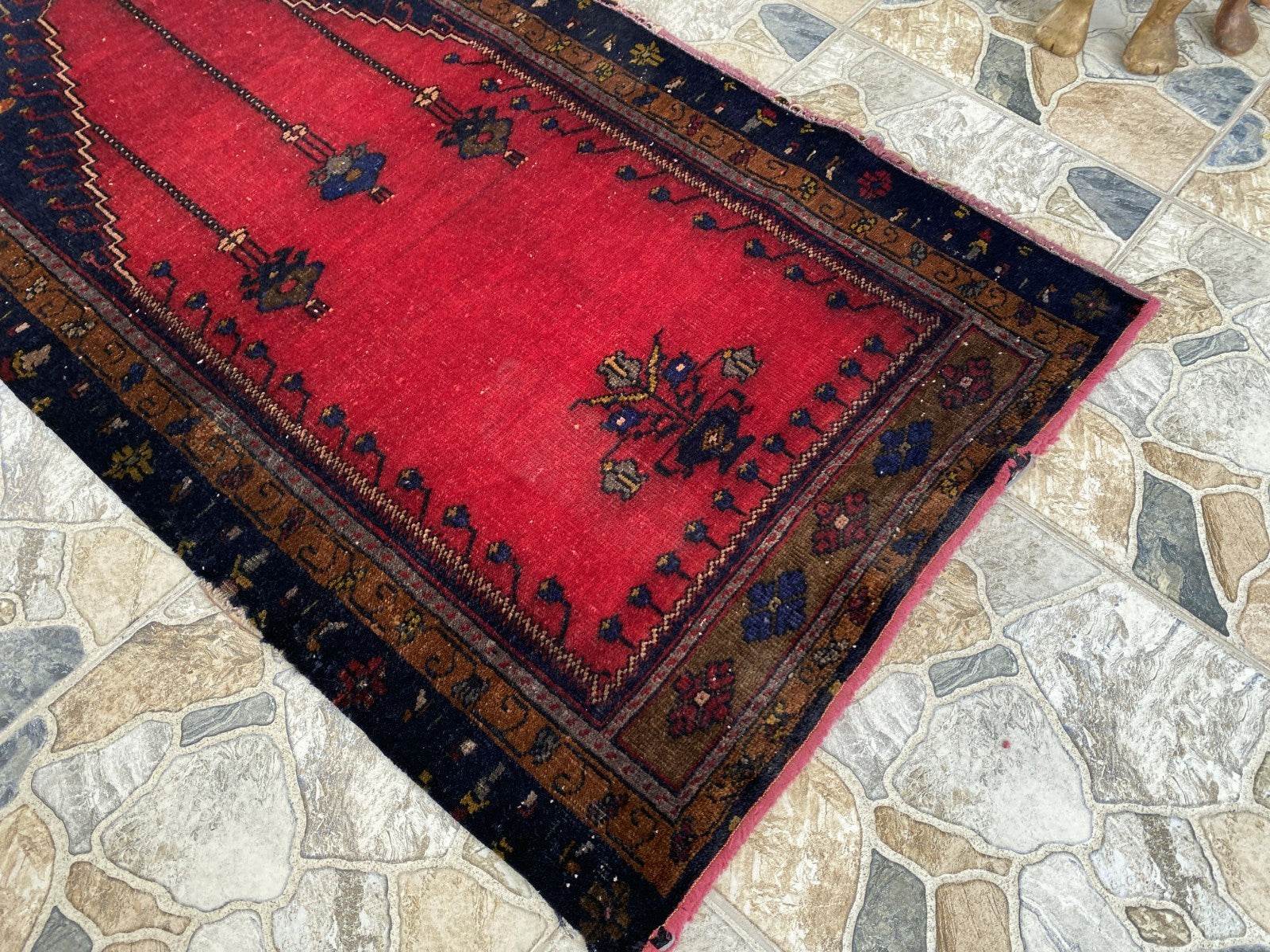 Vintage Hand-Knotted Wool Rug 2.6 x 5.2 ft Nomadic Faded Anatolian Prayer Carpet