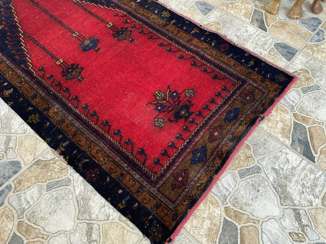 Vintage Hand-Knotted Wool Rug 2.6 x 5.2 ft Nomadic Faded Anatolian Prayer Carpet