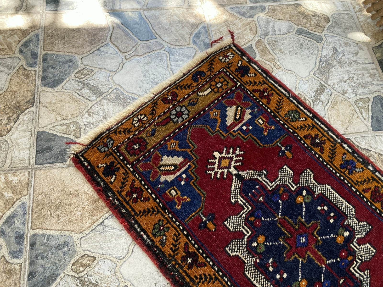 Small Anatolian Rug | 1.7 x 2.9 ft Vintage Hand-Knotted Wool Faded Geometric Rug