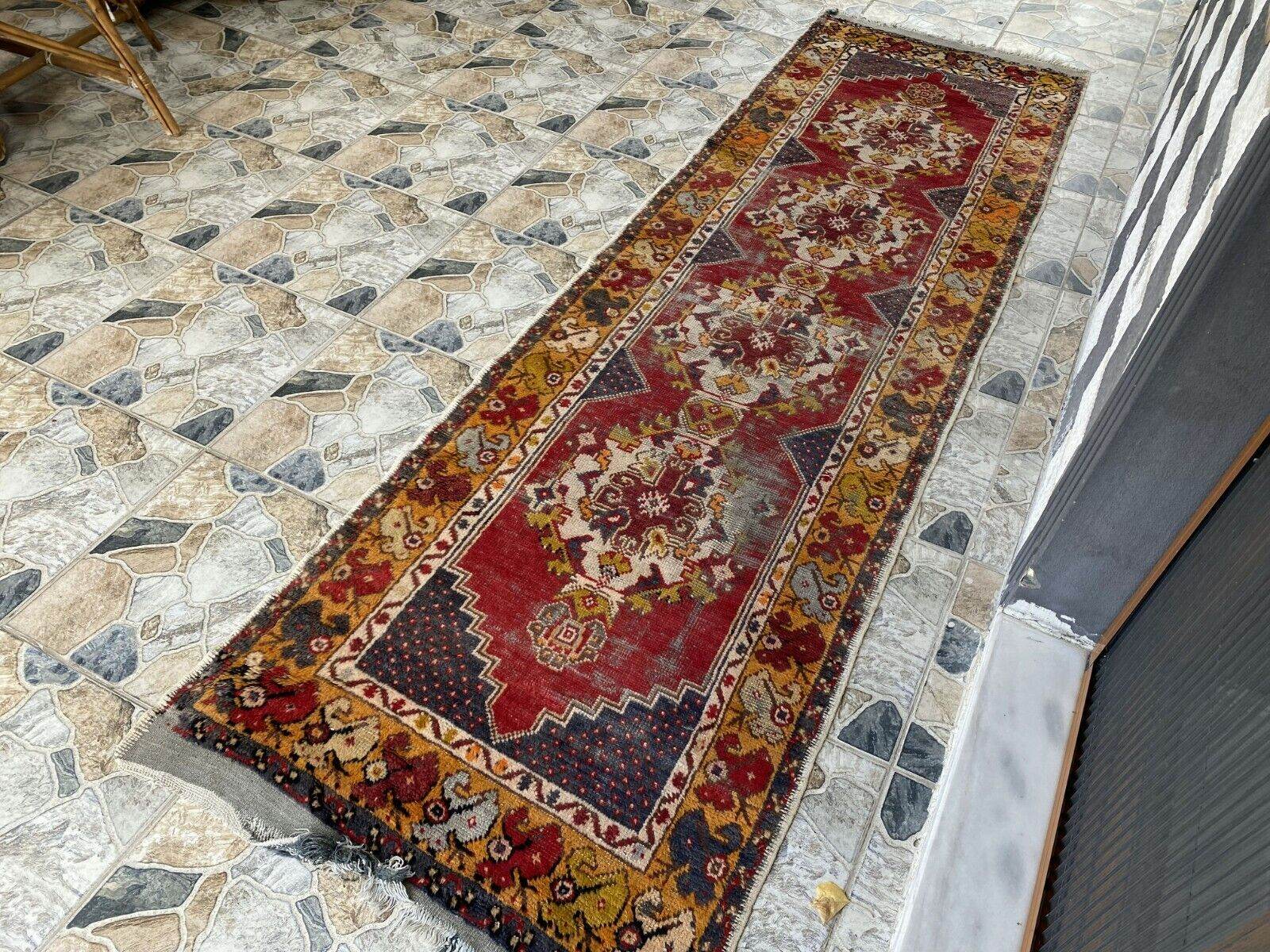 Vintage Turkish Wool Rug - Handmade Antique Red Oushak Kurdish Runner Rug 3x9 ft