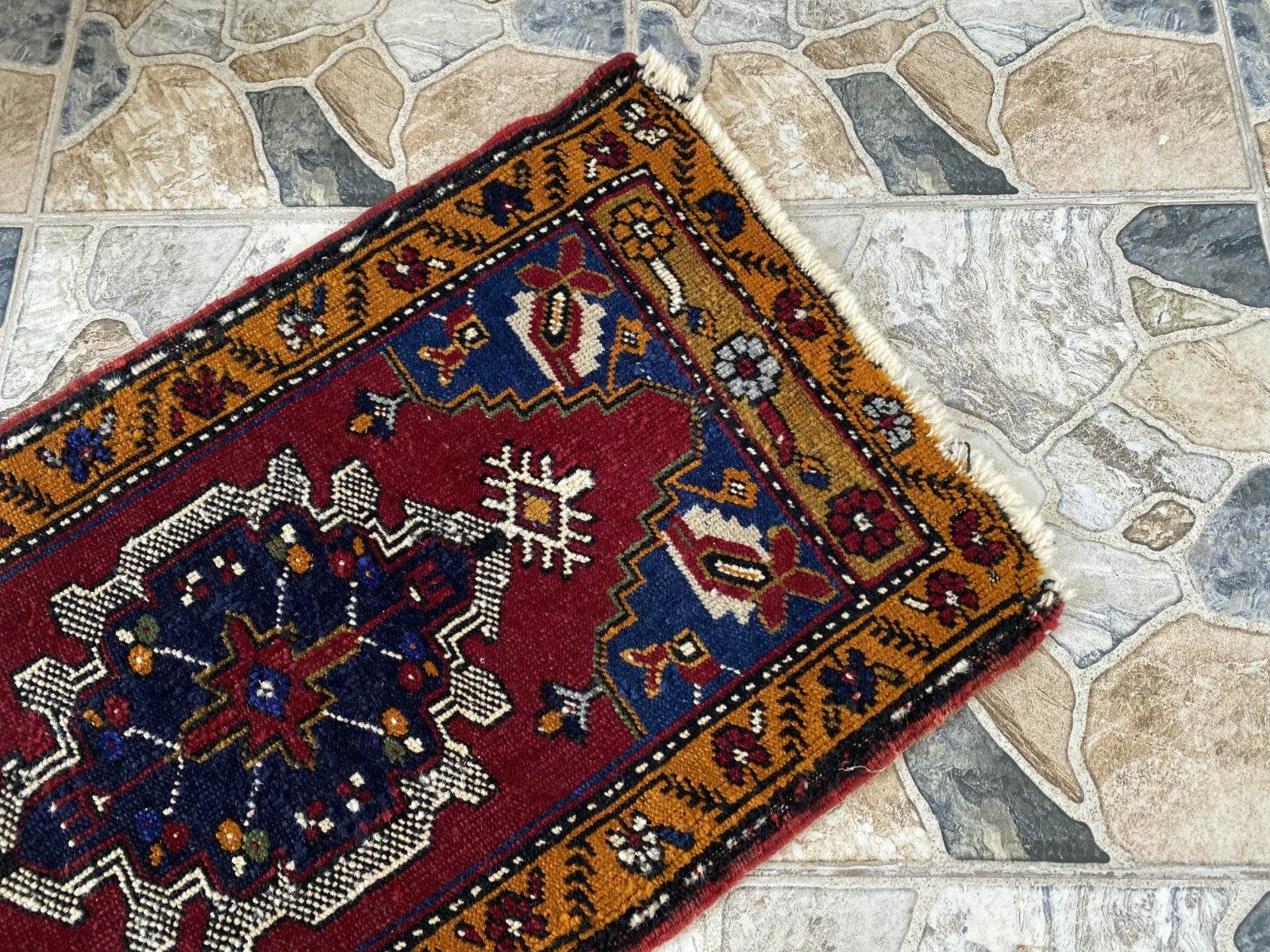 Small Anatolian Rug | 1.7 x 2.9 ft Vintage Hand-Knotted Wool Faded Geometric Rug