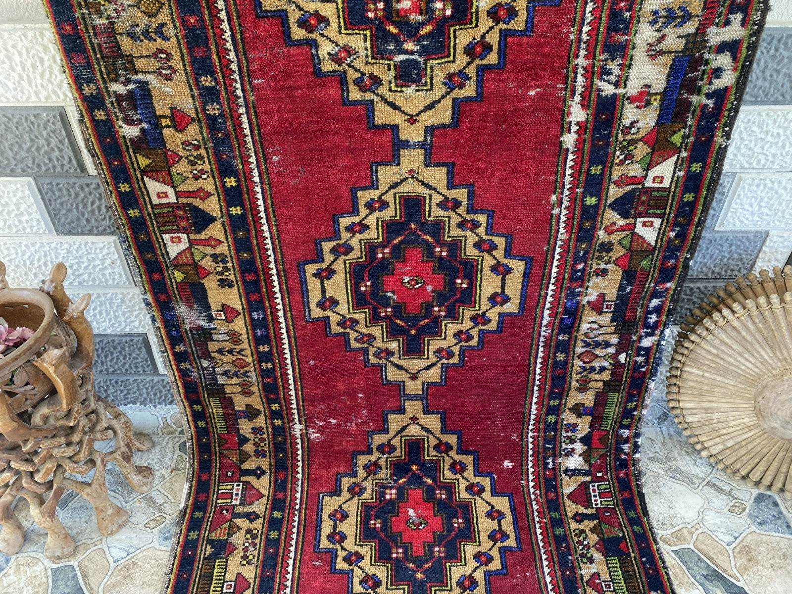Vintage Turkish Tribal Rug | 3 x 9 ft Farmhouse Hand-Knotted Wool Geometric Rug