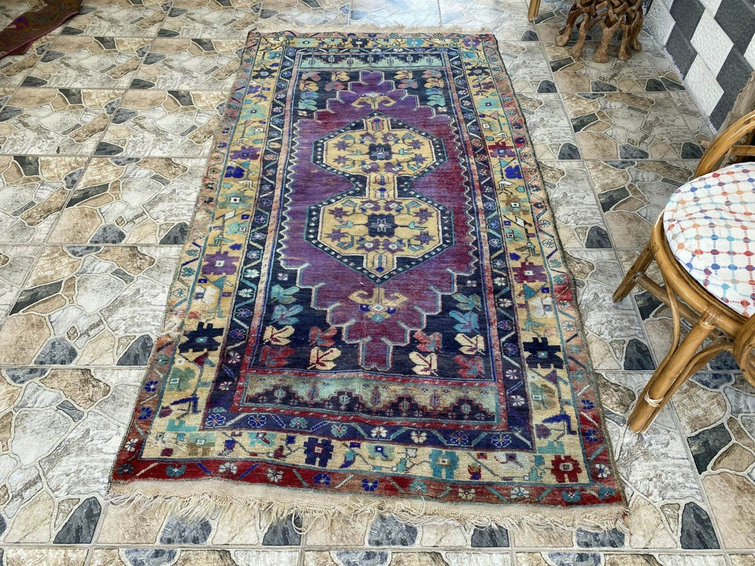 Vintage Turkish Anatolian Rug | 3.9 x 7.1 ft | Hand-Knotted Rug Wool Area Carpet