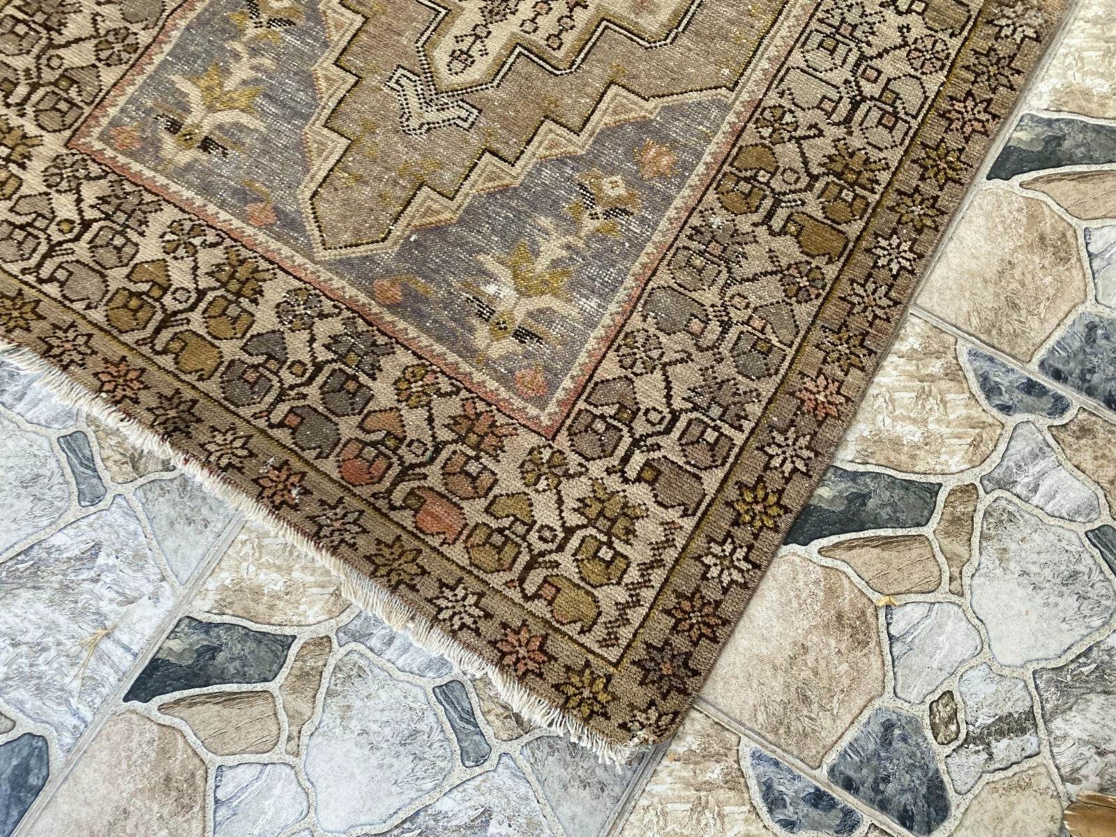 Vintage Turkish Wool Rug Hand-Knotted Antique Geometric Oushak Tribal Area 3x6