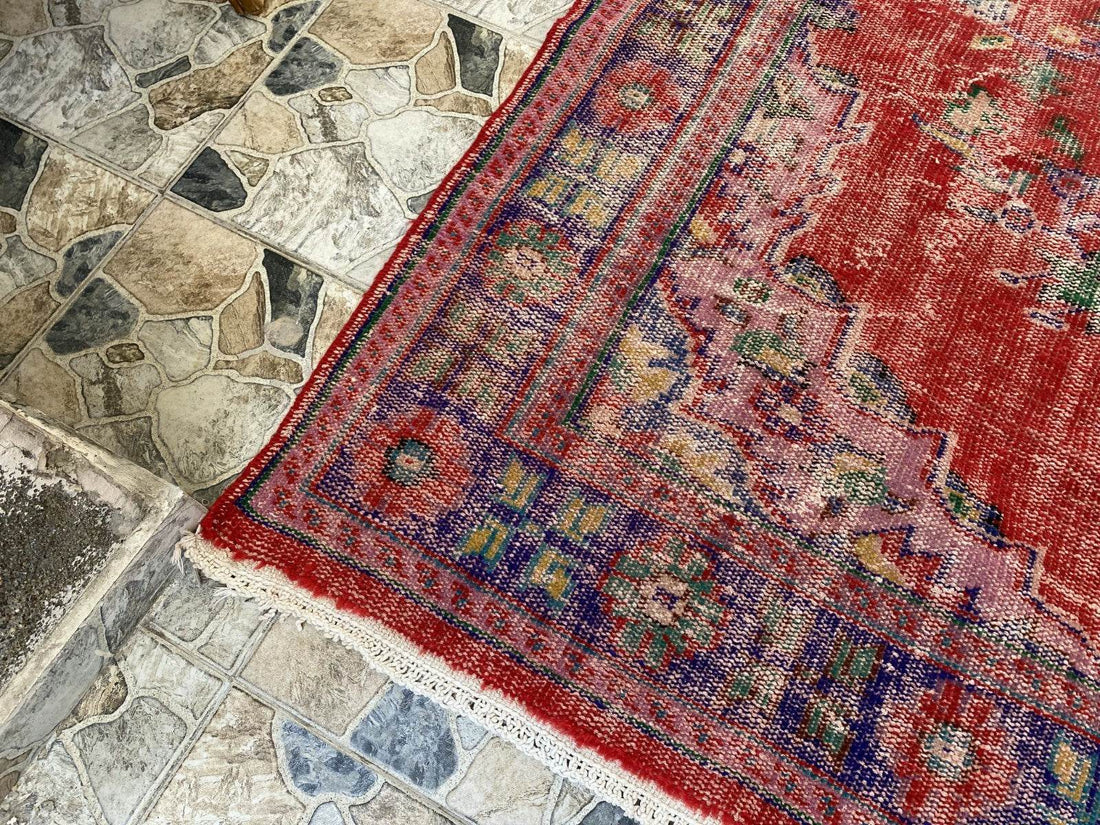 Vintage Hand-Knotted Wool Rug | 6.0 x 9.8 ft Anatolian Area Carpet Faded Tribal