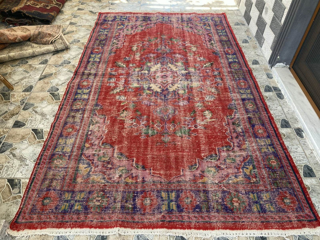 Vintage Hand-Knotted Wool Rug | 6.0 x 9.8 ft Anatolian Area Carpet Faded Tribal