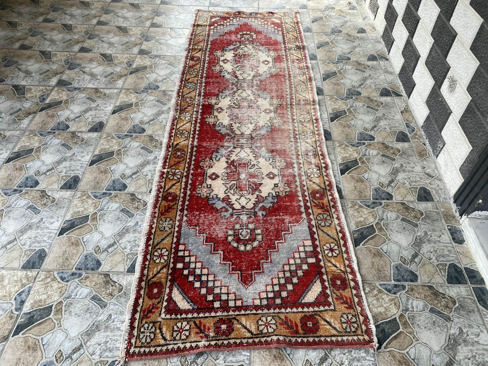 Vintage Turkish Oushak Rug, 3 x 9 ft Red Handmade Wool Antique Tribal Runner Rug