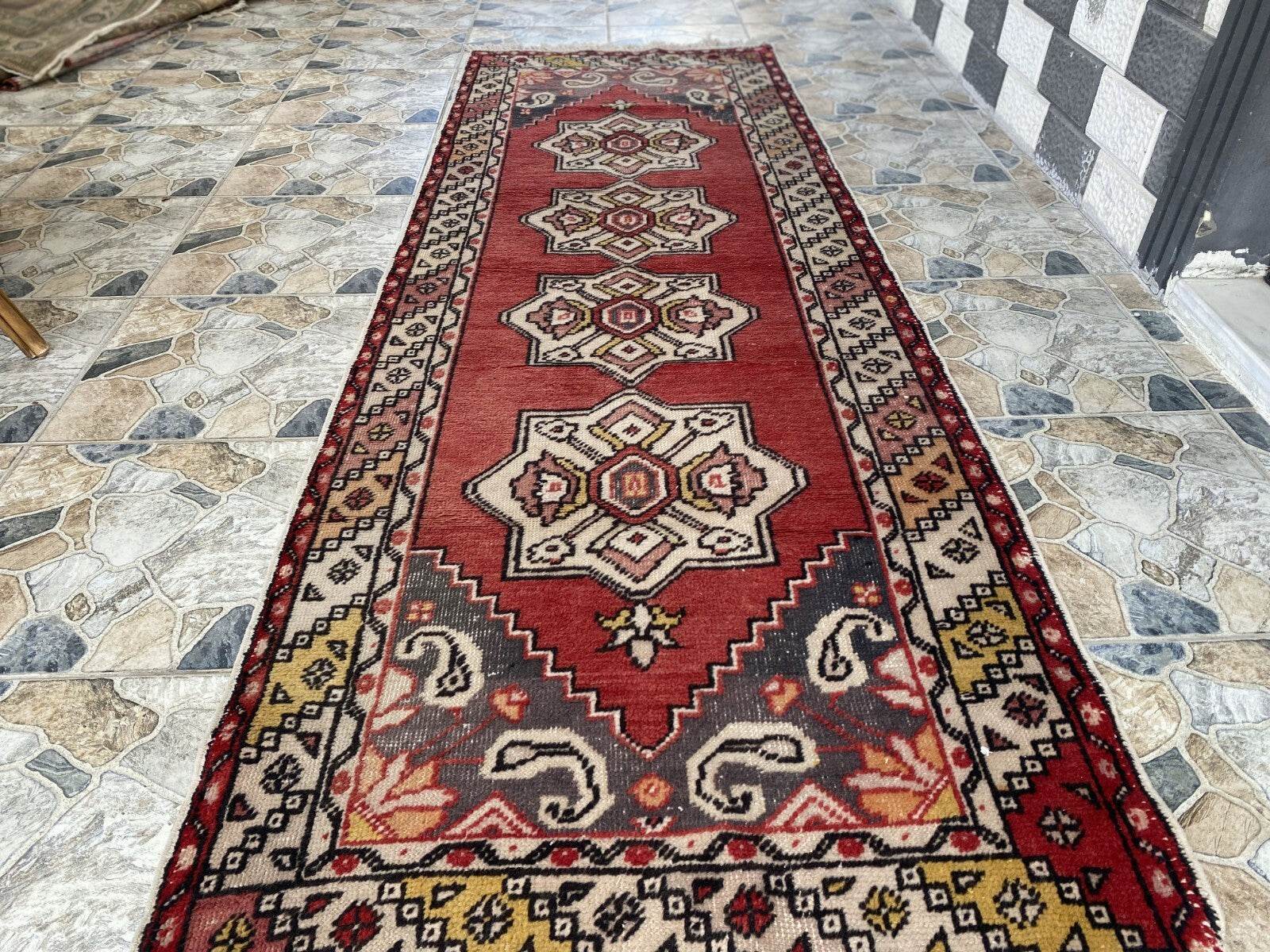 Vintage Turkish Rug | Tribal Handmade Wool Farmhouse Antique Runner 3.2ftx9.2 ft