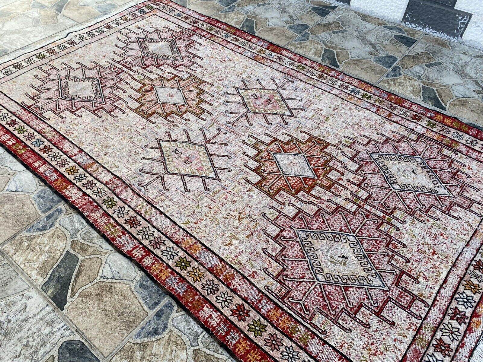 Vintage Persian Rug 3x6 ft, 1980s Wool Handmade Soumak Tribal Geometric Antique