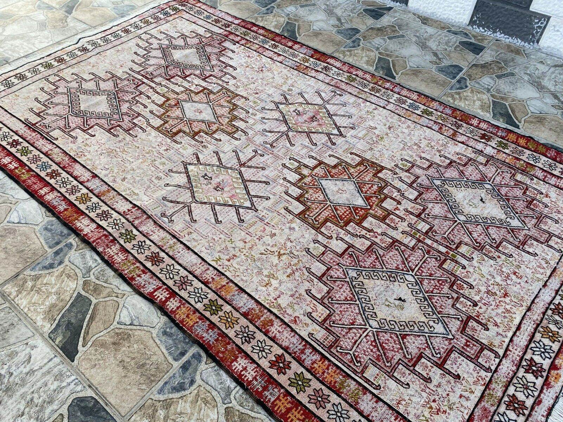 Vintage Persian Rug 3x6 ft, 1980s Wool Handmade Soumak Tribal Geometric Antique