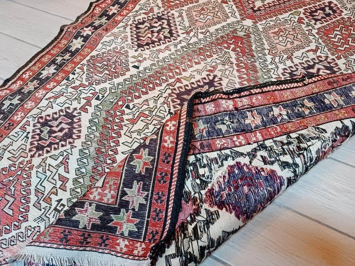Vintage Persian Style Silk Soumak Rug, Hand-Woven Flatweave | Geometric Area Rug Deco