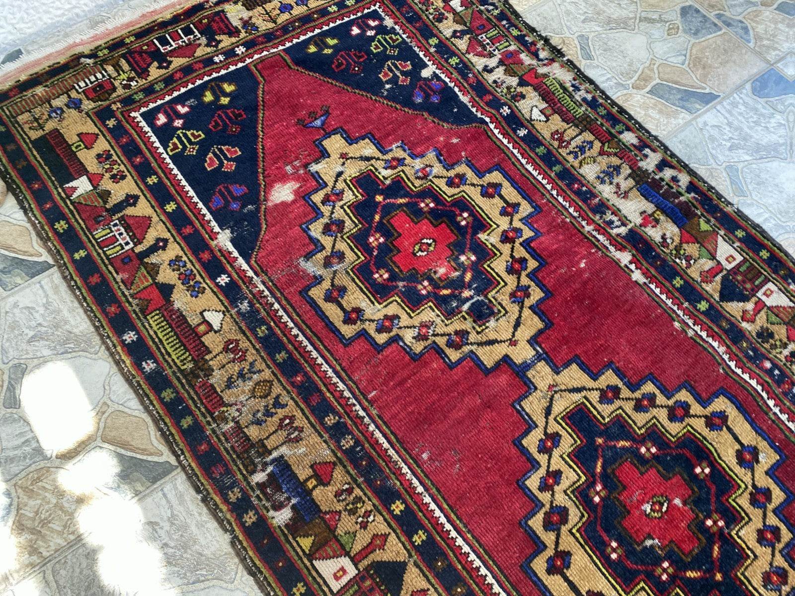 Vintage Turkish Tribal Rug | 3 x 9 ft Farmhouse Hand-Knotted Wool Geometric Rug